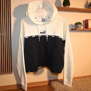 Puma Women's Hoodie Cropped Sweatshirt Black White Logo Pullover Top Size Medium